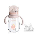 POTATO Glass Baby Bottles, Anti-Colic Breastfeeding Bottles with Fast Flow Nipple, Suitable for Babies 6-12 Months, 2 Replaceable Nipples, 8 oz, Pink