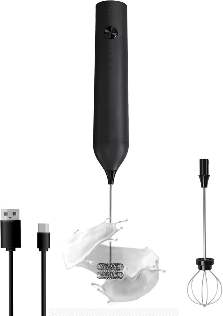 Handheld Milk Frother, Type C Rechargeable Electric Blender Coffee Frother, 3 Mixing Speeds Mini Milk Frother Beverage Blender with 2 Whiskers for Coffee Matcha Smoothie Latte Cappuccino