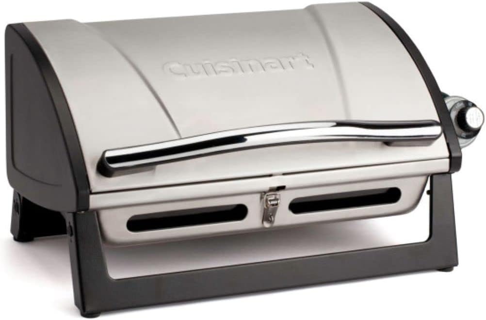 Cuisinart Grillster Portable Gas Grill, Stainless Steel Compact BBQ Grill with Locking Lid for Easy Transport, 8000 BTU Propane Grill with Dishwasher Safe Cooking Grate, Small Grill for Camping & BBQs