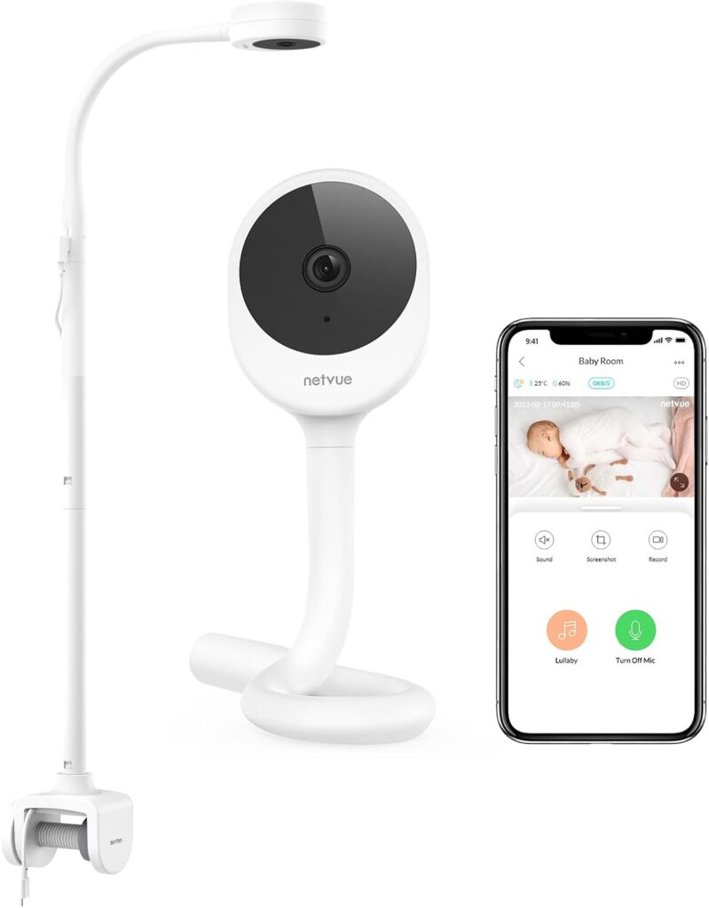 NETVUE Peekababy Baby Camera with Wireless Audio, Adjustable Crib Mount Monitor, Works via 2.4GHz Wi-Fi for Wide Coverage & Stable Connection, Smart App, Two-Way Talk (White)