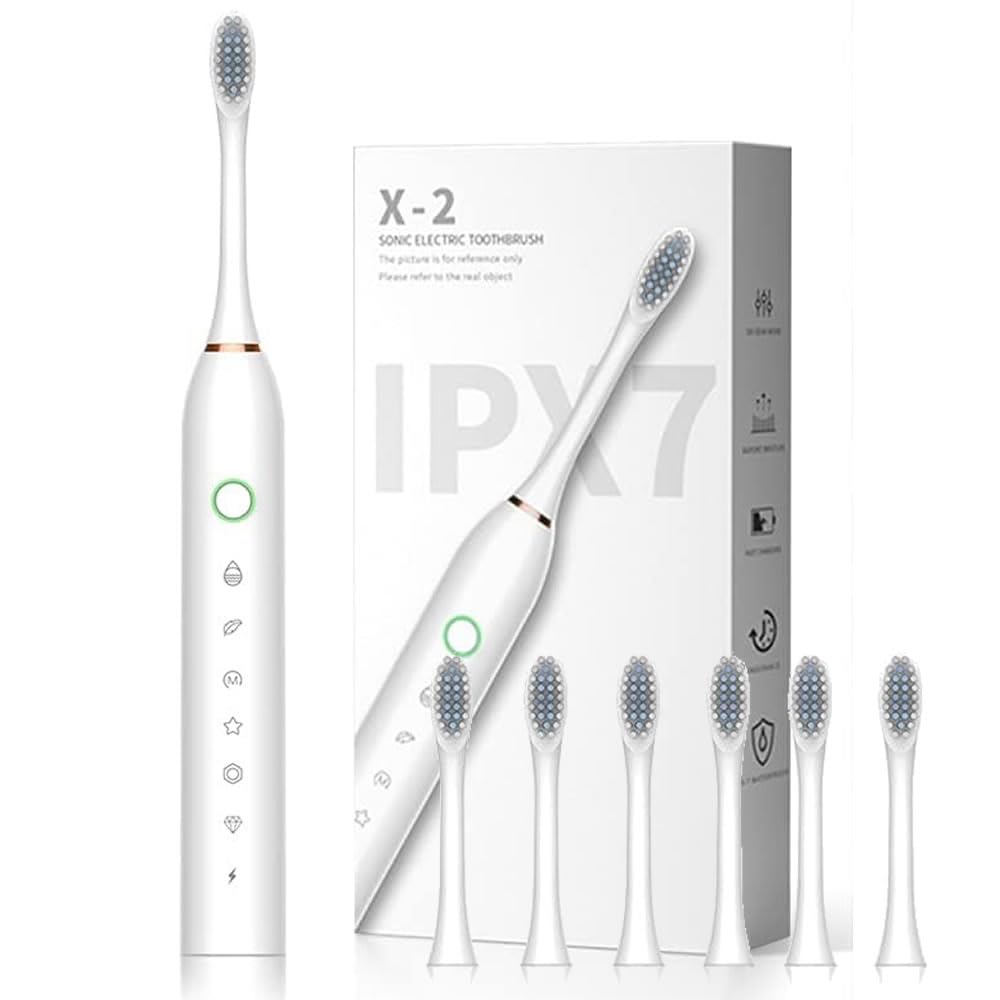 Electric Toothbrush for Adults and Kids, Wireless Rechargeable Tooth Brush with 6 Replacement Heads, 6 Modes, Deep Clean Sonic Toothbrush to Protect Gums, USB Fast Charging, 2 Minute Timer