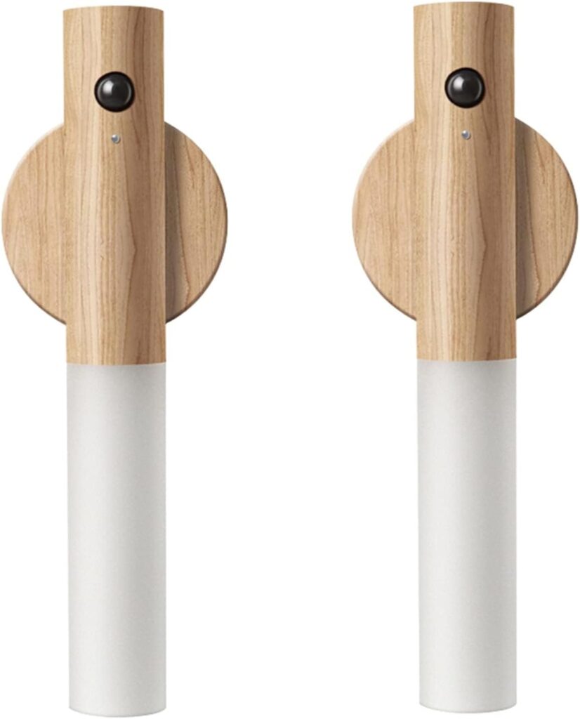 LANDGOO Wooden Motion Sensor Night Lights, Magnet Body Hallway Lamp, Rechargeable LED Wall Sconces, Portable for Stairway Bedroom, Battery Powered (White Ash Wood 2PC)