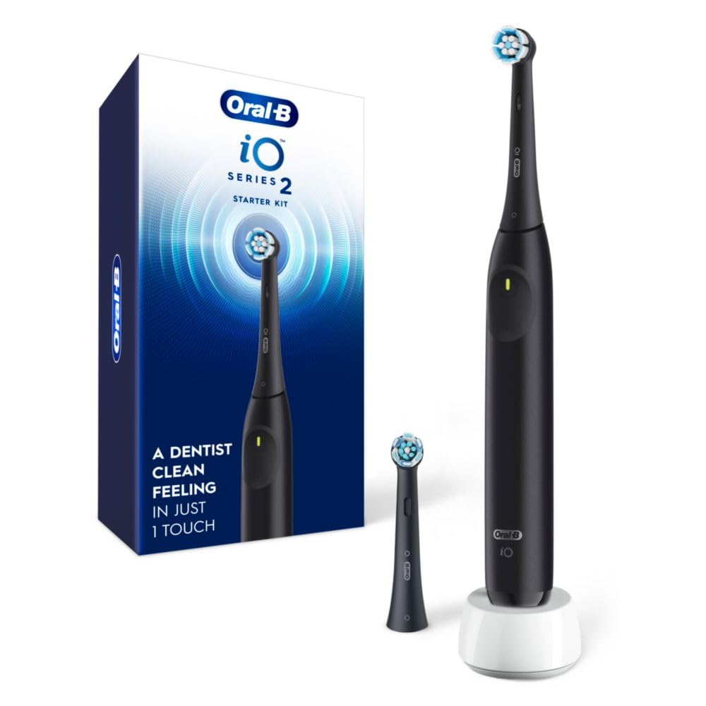 Oral-B iO Series 2 Rechargeable Electric Powered Toothbrush Starter Kit, Night Black with 2 Brush Heads – Automatic Pressure Sensor to Protect Gums – 3 Modes – 2 Min Timer