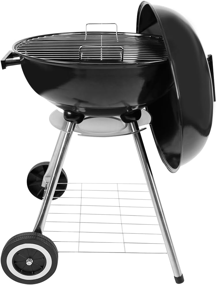 18 Inch Charcoal Grill, BBQ Kettle Grill with Enamel Lid & Ash Catcher, Portable Charcoal Grill for Outdoor Grill Camping and Small Patio Backyard, Includes Wheels for Easy Mobility