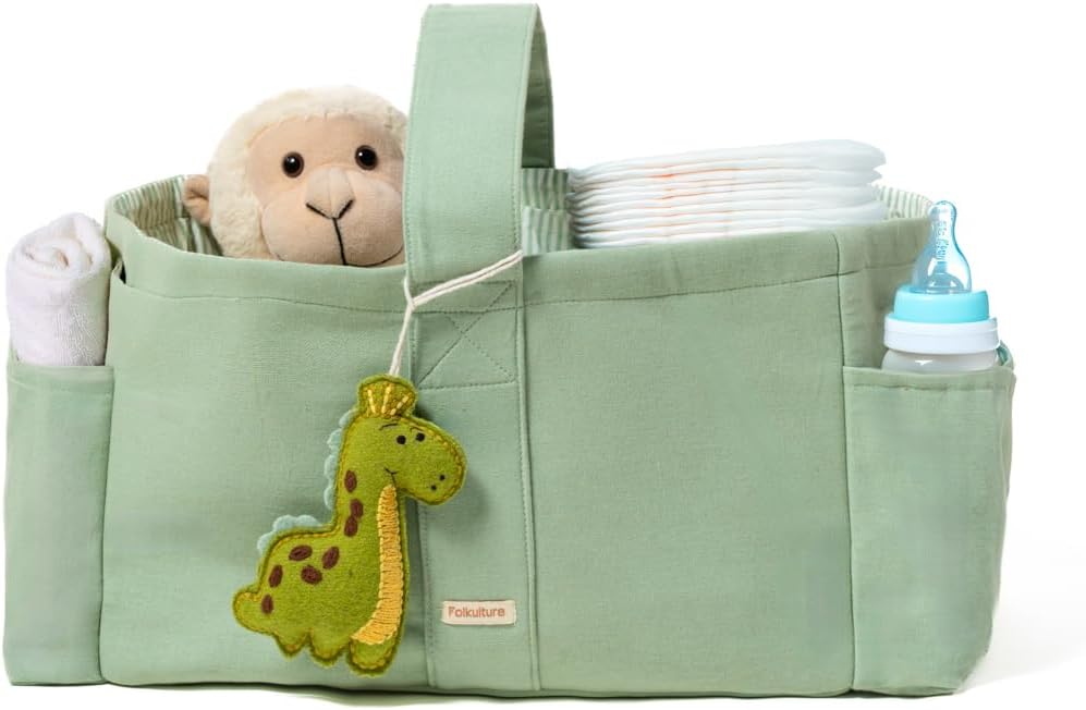 Folkulture Baby Diaper Caddy | Cotton Diaper Bag for Kids – Stylish Comfort Spacious Travel Essential Cart | Nursery Storage Bin and Car Organizer for Diapers, Wipes – (Sage Green – 15″)