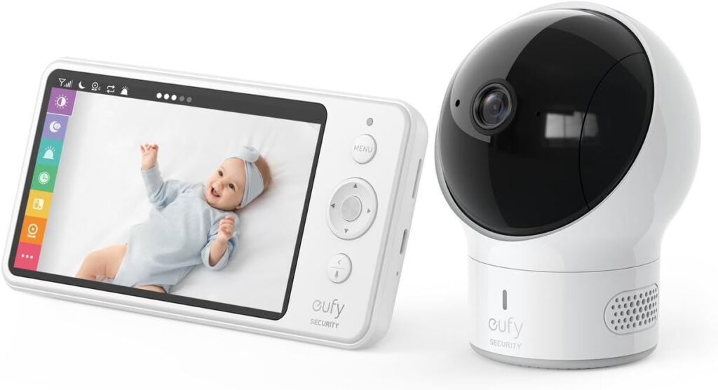 eufy Security Spaceview Video Baby Monitor E110 with Camera and Audio, Security Camera, 720p HD Resolution, Night Vision, 5″ Display, 110° Wide-Angle Lens Included, Lullaby Player, Sound Alert