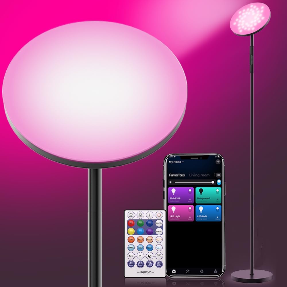 Smart LED RGB Floor Lamp, 2000LM Bright Tall Living Room Lamp, 68” Standing Lamp, 2700-6500K Color Temperature Dimmable Color Changing Modern Torchiere Floor Lamp with Remote for Bedroom Office-Black