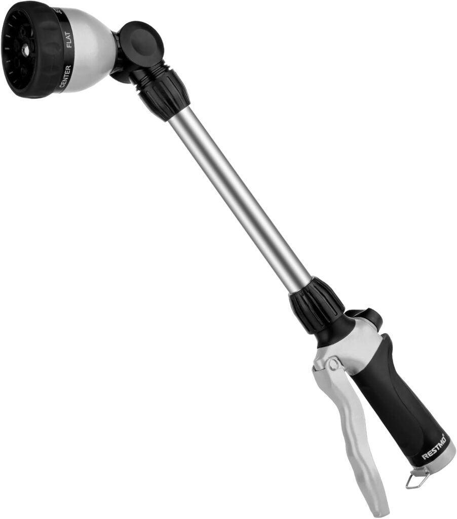 RESTMO Metal Watering Wand, Heavy Duty Garden Hose Wand with 180° Swivel Ratcheting Head, 16” Hose Nozzle Sprayer with 7 Spray Patterns and Flow Control, for Water Hanging Baskets and Shrubs, Black