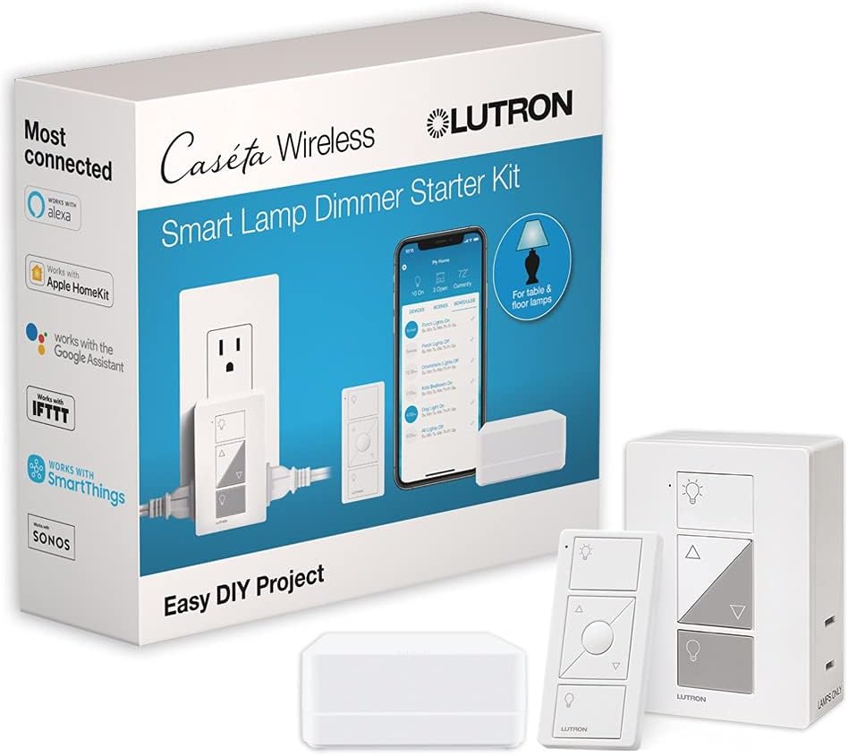 Lutron Caseta Smart Start Kit for Lamps, Plug-in Lamp Dimmer with Smart Bridge and Pico Remote, Compatible with Alexa, Apple HomeKit, and The Google Assistant | P-BDG-PKG1P | White