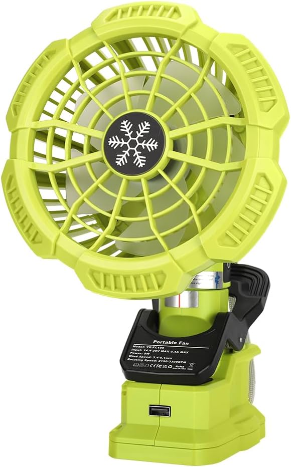 Clip Fan Compatible with Ryobi 18V Battery, 3 in 1 Camping Cordless Clamp Fan with USB Port 3 Speed Settings, Clamping Capacity, Adjustable Head
