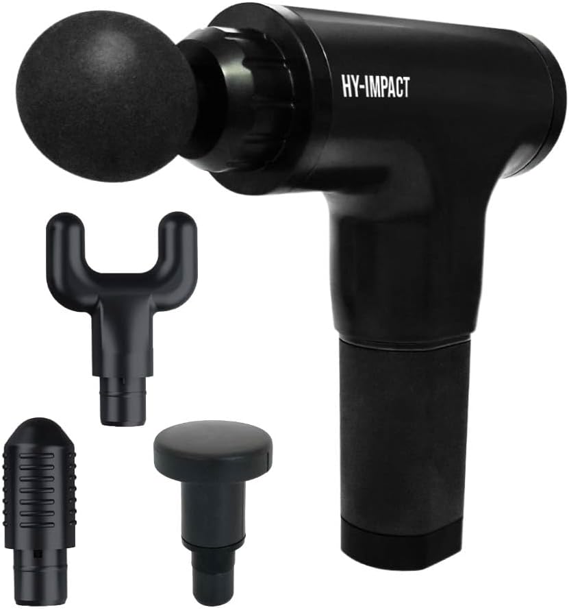HY IMPACT Cordless Muscle Massager – Professional Massage Gun with Four Interchangeable Massaging Heads, Portable and Lightweight, Six Intensity Speeds Gives Fast Recovery from Fatigue and Soreness
