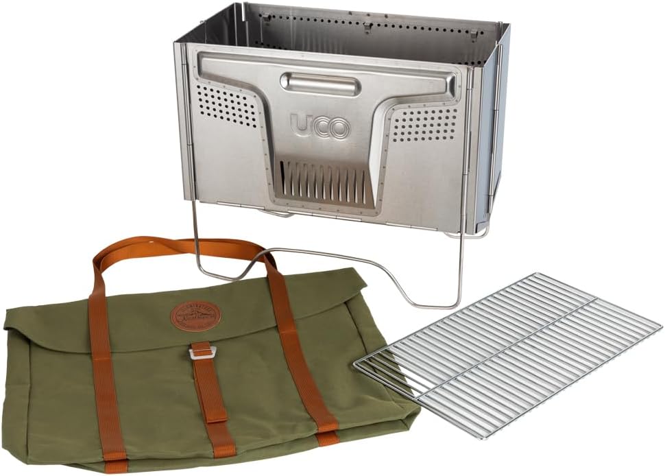 UCO Flatpack Smokeless Firepit and Grill –Portable Firepit- Stainless Steel- Woodburning- for Picnics, Beach, Backyard, and Camping- with Nylon Carry Bag