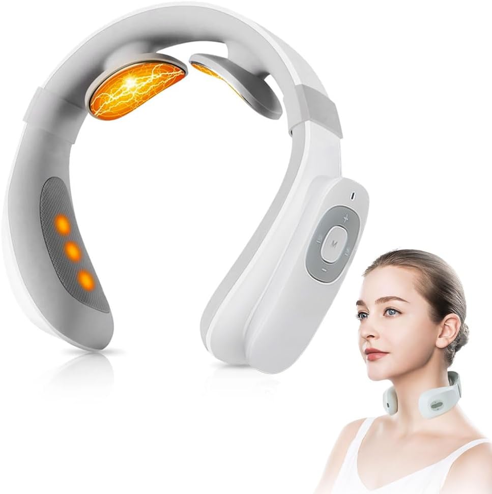 Neck Massager with Heat，Electric TENS Machine for Pain Relief，15 Levels Deep Tissue Massage, Portable Wireless and Soothing, Transcutaneous Electrical Nerve Stimulator for Women