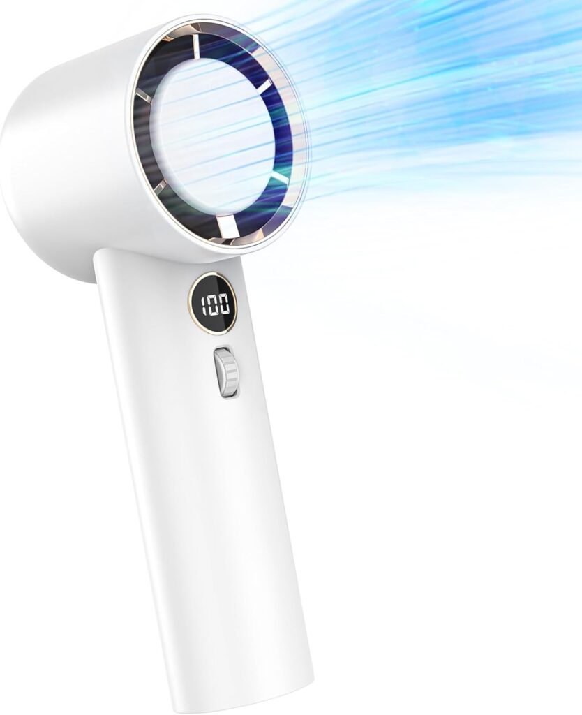 Portable Handheld Fan,High Speed Turbo Personal Fan with 100 Speed Adjustable, 5000mAh Battery Rechargeable, Digital Display, for Travel Camping Outdoor, Gifts for Women Men (White)