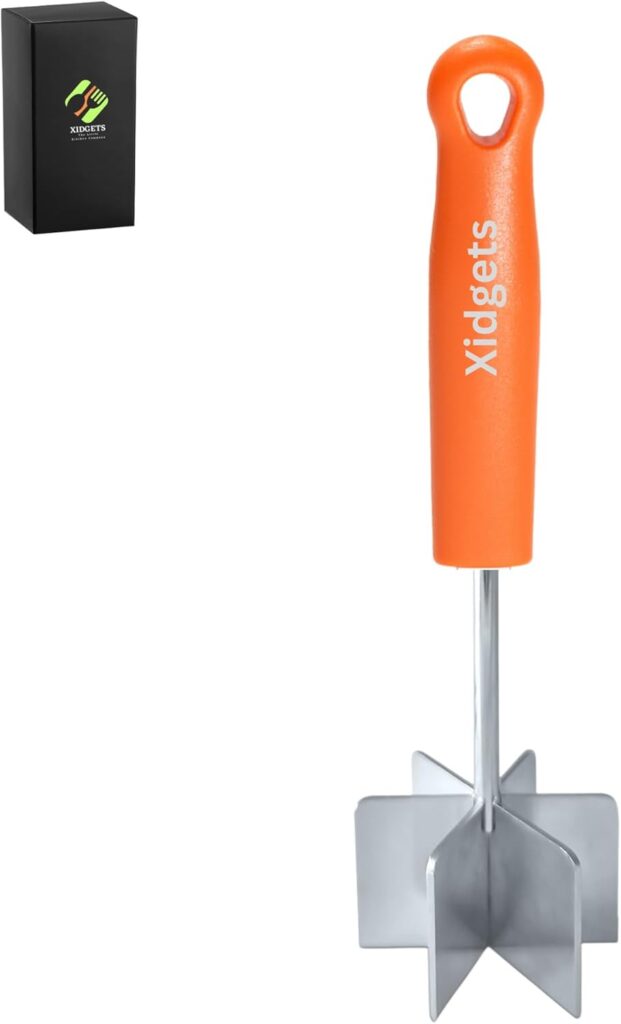 Mini Stainless Steel Meat Masher, Small Ground Beef Chopper, Mini-sized Pastry Dough Blender & Crumble Maker. Mini Meat Masher and pastry tool by Xidgets (Retro Orange)