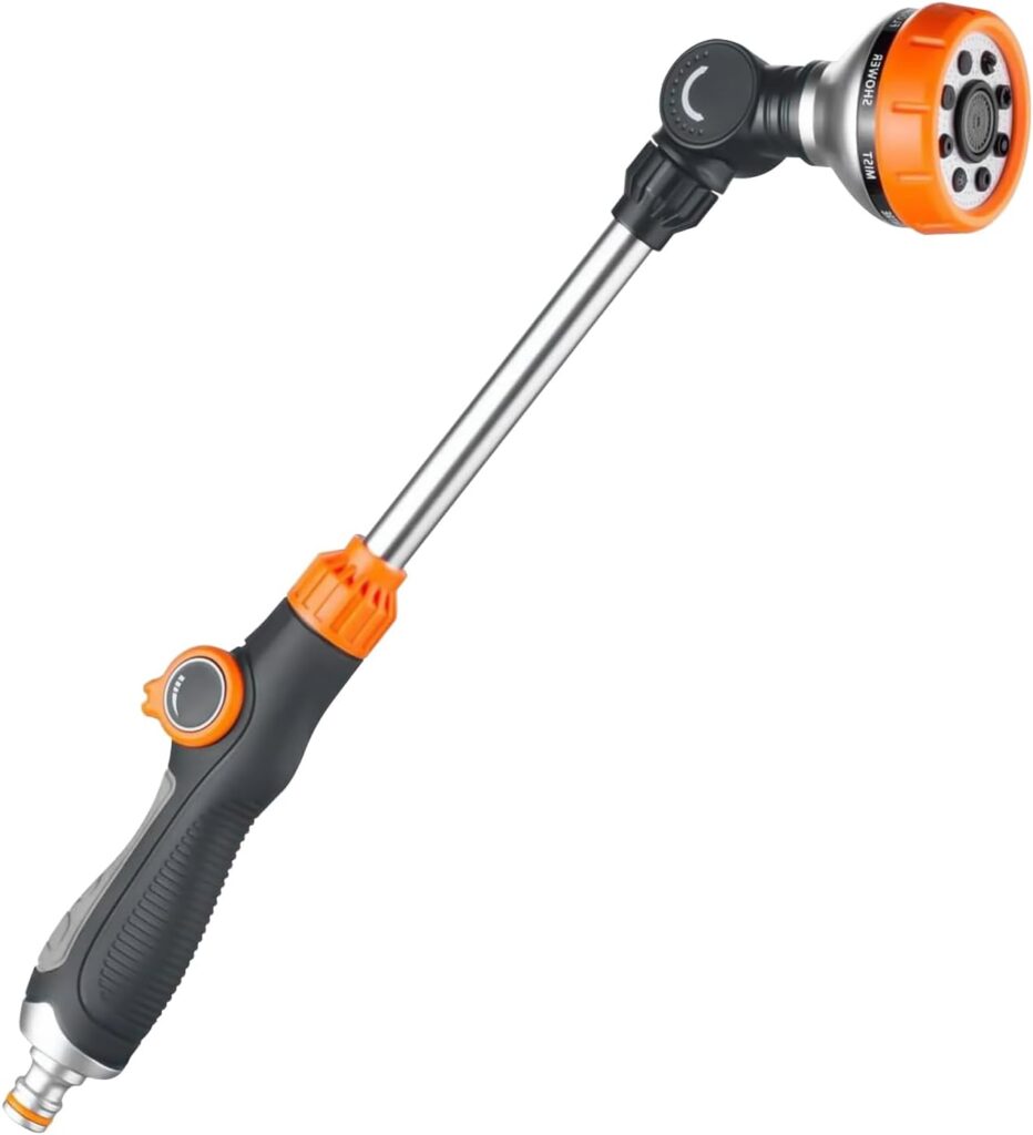 Metal Garden Hose Wand,15 Inch Adjustable Watering Wand with 8 Spray Patterns,180° Rotating Long Garden Hose Nozzle Sprayer with Thumb Flow Control for Plants, Lawn, Car Washing and Irrigation