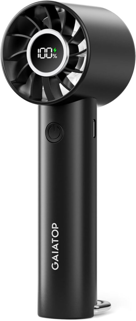 Gaiatop Portable Mini Fan, 3 Speed Handheld Fans with Power Display Flashlight, USB Rechargeable Battery, Lightweight Personal Cooling for Women Men Indoor Outdoor Travel Black