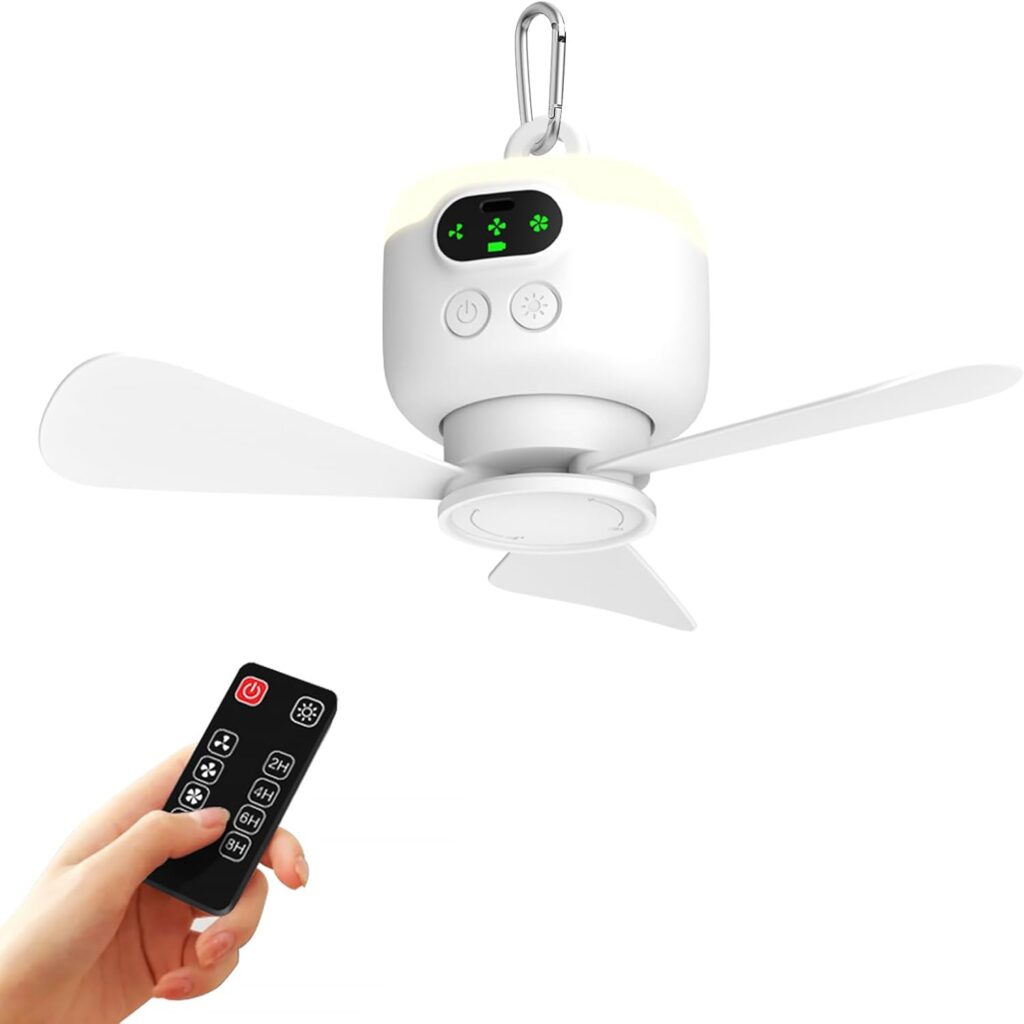Portable Ceiling Fan for Tent with Remote Control,8000mAh Battery Operated Ceiling Fan,RV Fan Rechargeable,3 Detachable Blades,Auto Shut-off,4 Speeds for Outdise Canopy Porch Gazebo Beach