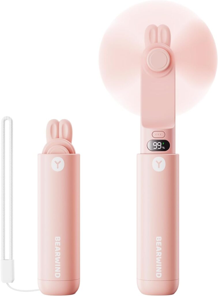 Portable Handheld Mini Fan: 2 in 1 Rechargeable Hand Held Fan with Backup Power & Digital Display – Summer Essentials for Travel, Concerts, Makeup, Lash – Gifts for Women, Girls (Pink)