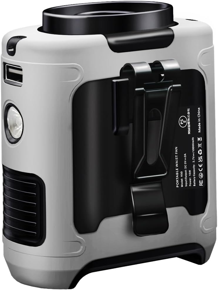 CAZOKASI 2024 Upgrade 10000mAh Waist Clip Fan Wearable Portable Personal Body Fans Powerful Upto 40H Cooling and Heatstroke Prevention (Gray and Orange)