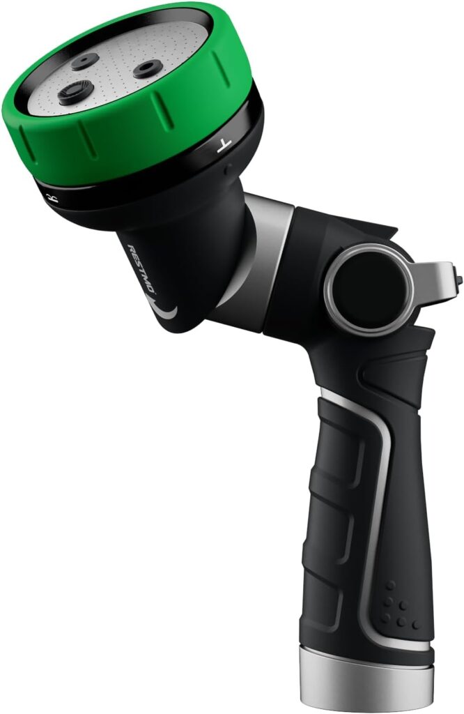 RESTMO 2-IN-1 Garden Hose Nozzle, Heavy Duty Metal Water Hose Nozzle with 4 Spray Patterns, Magic Twist and Thumb Flow Control, Ideal for Watering Plants & Lawns, Washing Cars & Pets, Green