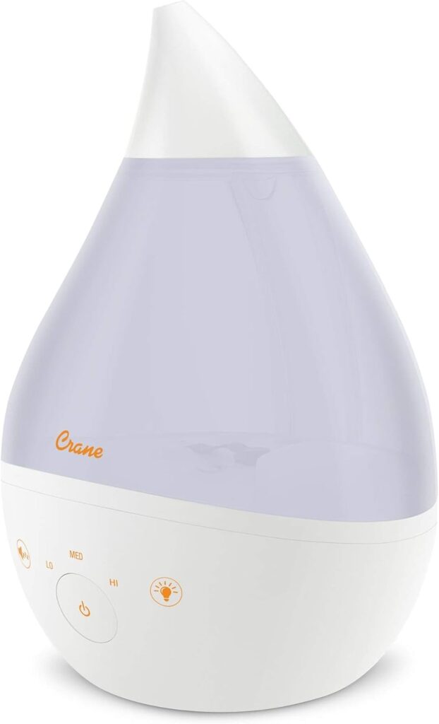 Crane 4-in-1 White Drop Ultrasonic Cool Mist Humidifier with Sound Machine, Night Light, Aroma Tray, 1 Gallon Top Fill White