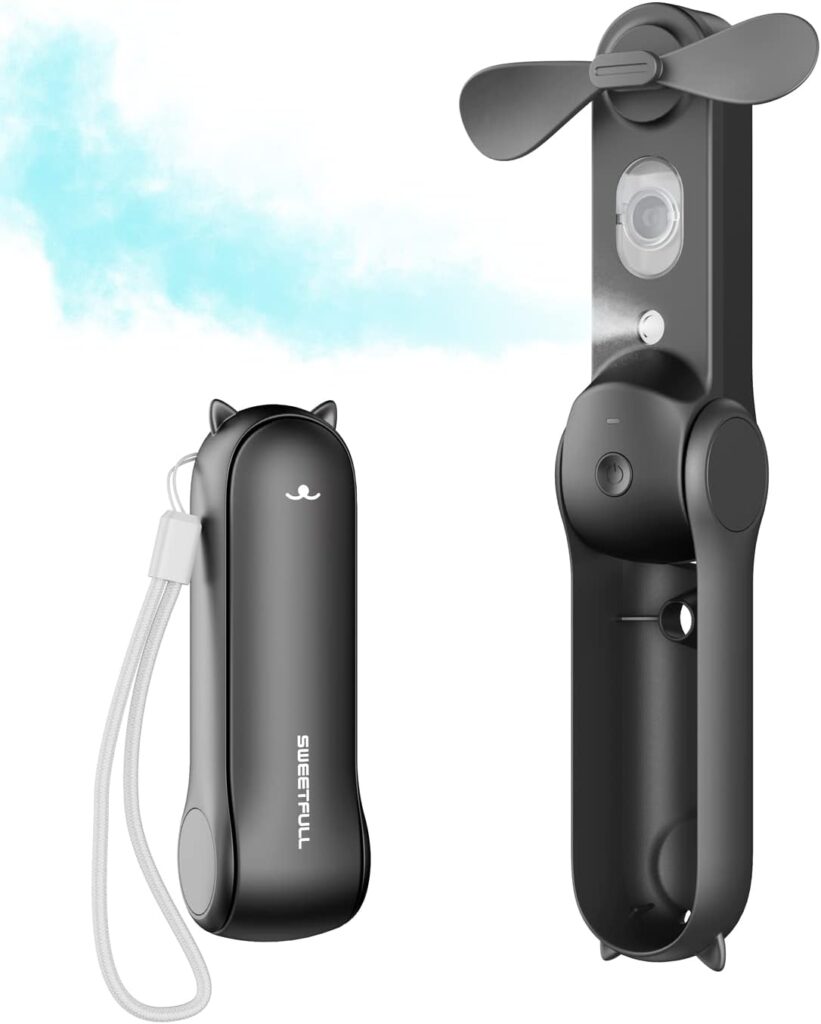 SWEETFULL Misting Handheld Personal Fan, Rechargeable Mini Spray Water Mist, Portable for Kids Women, Travel, Outdoors, Hiking, Camping, Home Office (Black)