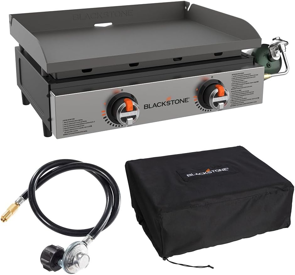 Blackstone 22″ Omnivore Tabletop Outdoor Griddle Travel Bundle – Dual Stainless Steel H-Burners, 24,000 BTUs – Includes Propane Adapter and Soft Cover