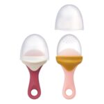 Boon Pulp Silicone Baby Fruit Feeder – Soft Silicone Baby Feeding Set – Fruit and Vegetable Baby Led Weaning Supplies – Baby Feeding Essentials – Orange/Mauve and White/Mauve- 2 Count