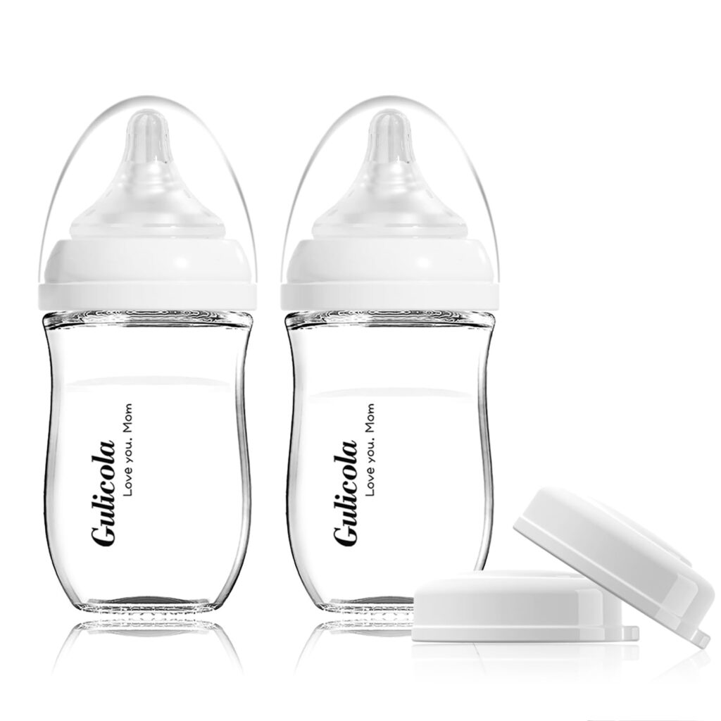 Gulicola Natural Glass Baby Bottle for Breastfeeding Babies, Newborn Anti-Colic Bottle Set with Slow Flow Nipple, 0-3 Months, 5 oz, 2 Pack – White