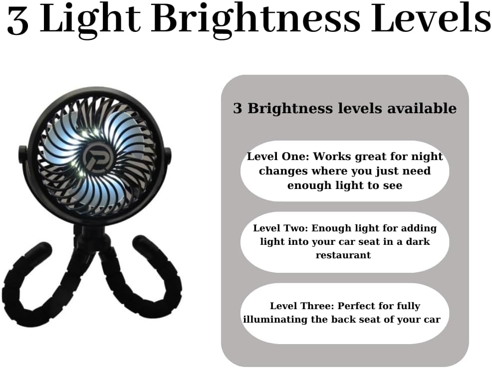 Baby Stroller Fan, Rechargeable Clip On Fan with LED Light, Rotatable Portable Fan for Car Seat, Golf Bag, Stroller, Crib, Treadmill