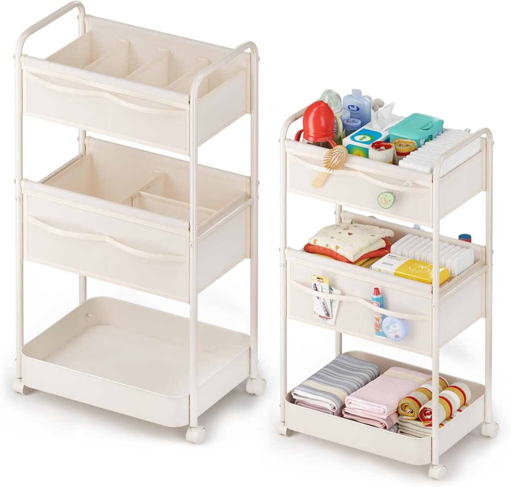 Baby Diaper Caddy, Premium Metal& Felt Movable Cart with Dividers for Newborn Nursery Essentials, Large Capacity Rolling Diaper Storage Caddy Organizer for Changing Table &Crib, Easy Assembly- Beige