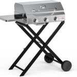 BBQ Gas Grill 3-Burner with Foldable Cart & Side Table, Portable Propane Grill with Lid for Outdoor Patio Backyard Barbecue Camping Tailgating RV Trip, Stainless Steel, GS308