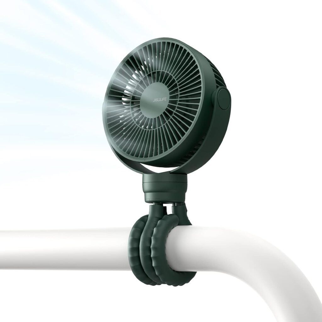 JISULIFE Battery Operated Portable Stroller Fan,4 Wind Speeds and 720° Adjustable Angle,USB Rechargeable Handheld Mini Fan,Octopus Clip Design for Crib, Golf Cart, Treadmill – Green