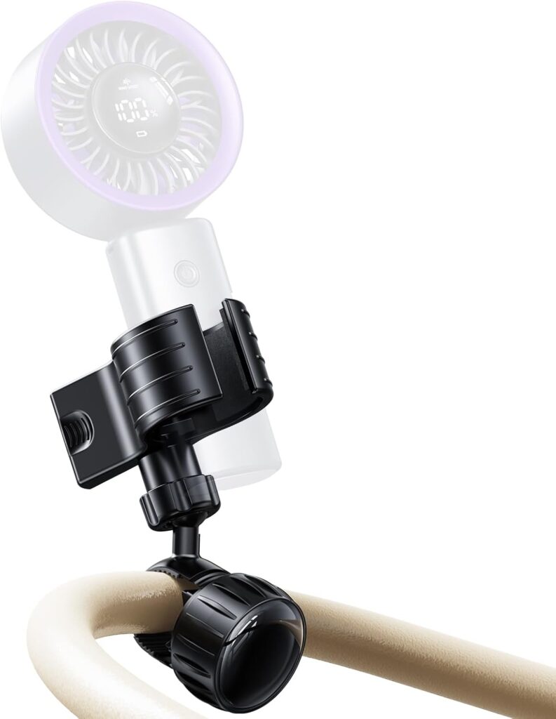 OATSBASF Fan Clip Holder for Stroller, Handheld Fan Pole Clamp for Baby Stroller, 360 Degree Rotation Fan Holder for Stroller Golf Cart Bike Shopping Carts, The Perfect Mummy Essential, Black