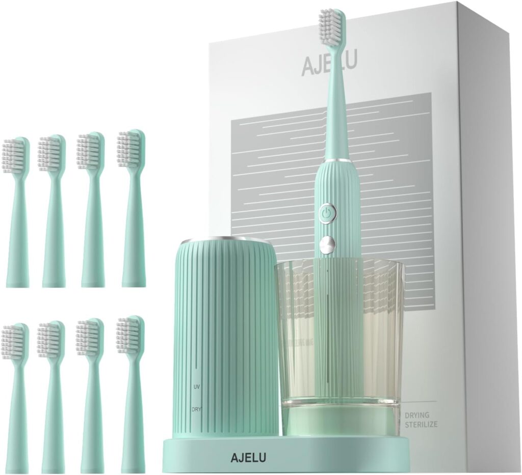 Rechargeable Sonic Toothbrush with Drying Holder, 8 Brush Heads, Smart Timer, Waterproof Design – Mint Green Edition