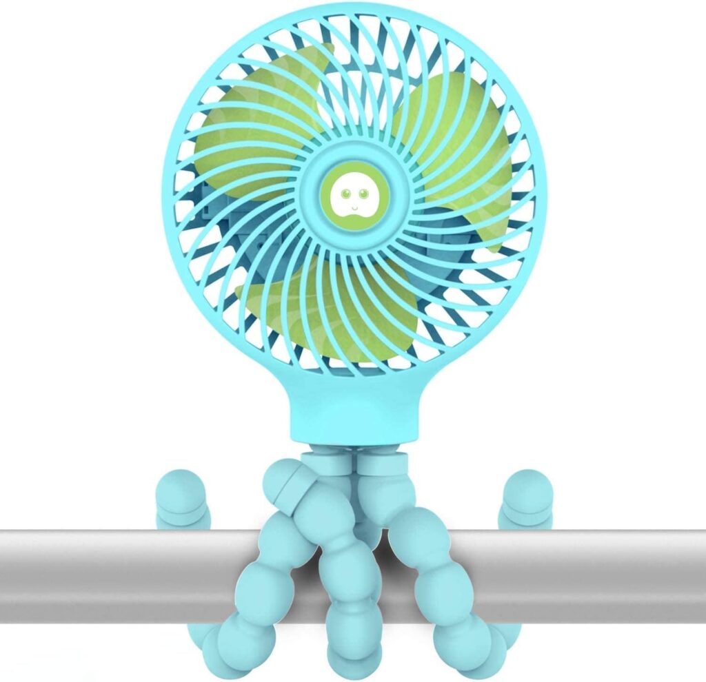 PEYOU Battery Operated Stroller Fan, Stroller Fan Clip on for Baby with Flexible Tripod, USB or Battery Powered Desk Fan, Baby Stroller Fan for Crib, Treadmill, Bike, Camping (Blue-1)
