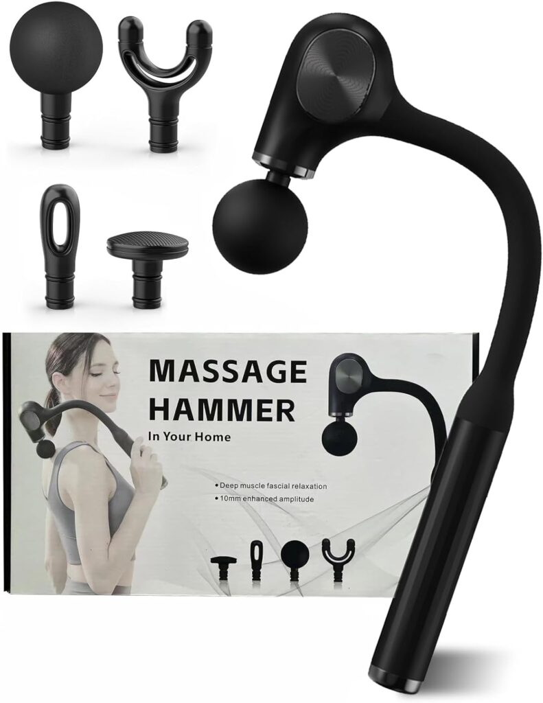 Deep Tissue Massage Gun with Bend Handle, 12MM Percussion, 4 Replaceable Heads, Less-Shock Design for Back, Neck, Foot, Leg, Shoulder