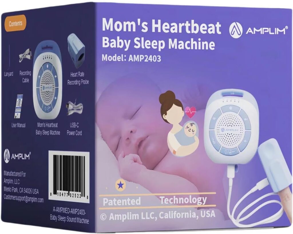 Amplim Portable Baby Sound Machine, Mom’s Heartbeat Recording + 19 White Noise Sleep Soothers for Newborns, Infants, Preemies, Kids | Hang on Crib, Stroller | Nursery Essential, Registry Gift, Shower