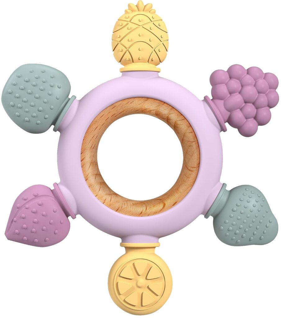 GJZZ Baby Teething Toys Silicone Teethers BPA Free Fruit Shape with Wooden Ring Soothe Babies Gums for 0-3 6-12 Months Infants & New Borns