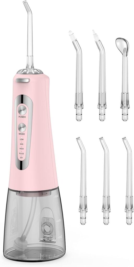 Water Flosser,300ML Water Pulse flossers-5 Modes&6 Replaceable Jet Tips for Teeth Cleaning and Flossing,Rechargeable (Pink)