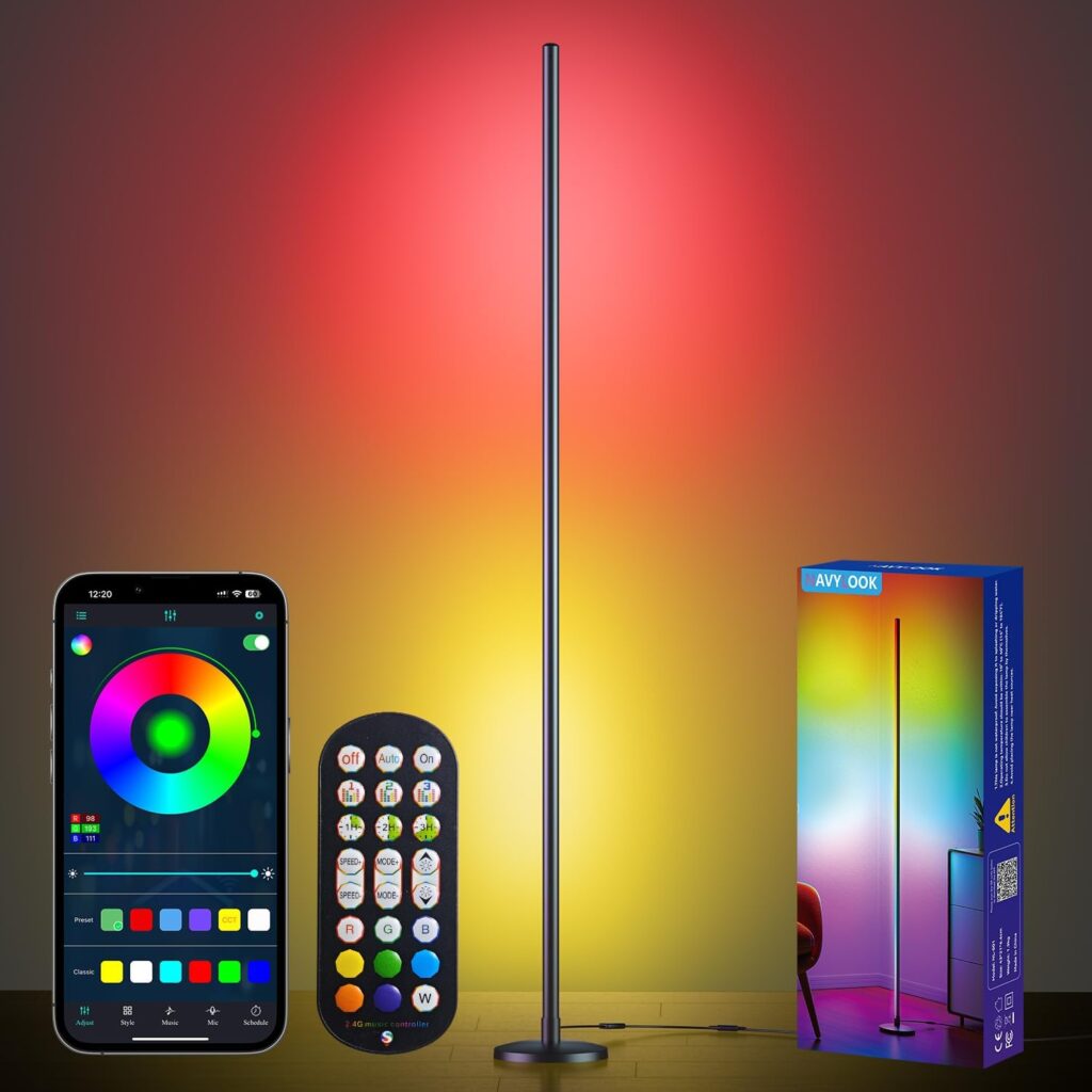 Modern Floor Lamp, Smart RGB LED Floor Lamp with App & Remote Control, 16 Million Colors & 200+ Scene Modes, Corner Lamp with Timer and Music Sync, Standing lamp for Bedroom Home Decor