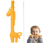 Hollow Teether Tube, Cute Giraffe Chew Straw Sensory Toy Teething Toys for Babies 3-6-12 Months, Silicone Tube Teethers for Infant Toddlers, Baby Chew Toys BPA Free Freezable