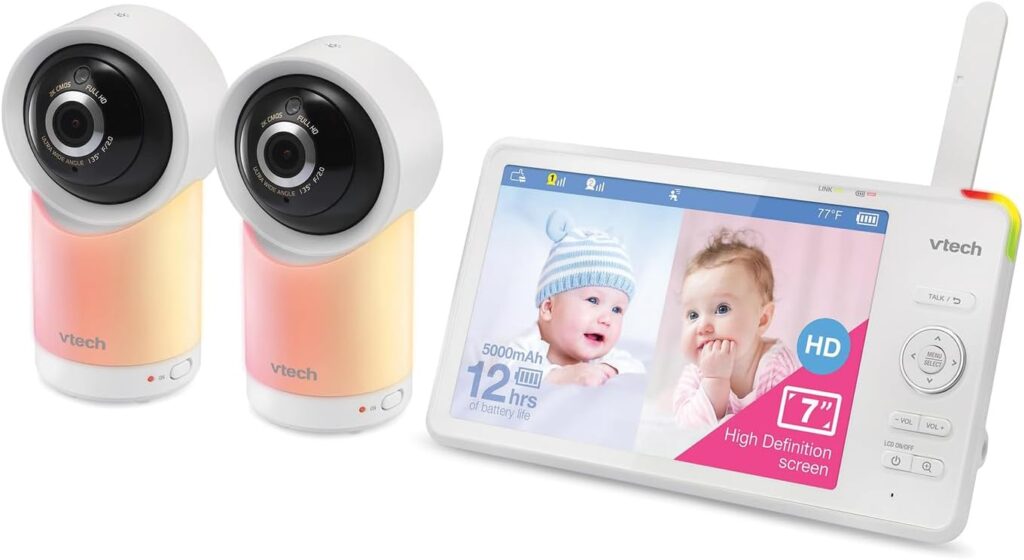 VTech RM7766-2HD RM77662HD Smart Wi-Fi 1080p 2-Camera 360°-Pan-and-Tilt Video Baby Monitor System with 7-in. Display, Night-Light, and Remote Access, White