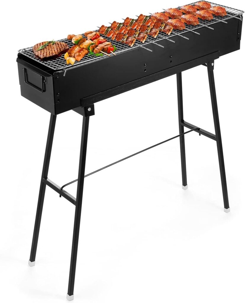 IRONWALLS Portable Charcoal Grill 32 Inch, Black Folding Stainless Steel Barbecue Grill for Outdoor Cooking, Large Lamb Skewer Grill for Patio, Party, Picnic, Travel, Camping, Home & Commercial Use