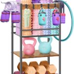 Home Gym Storage Rack, Heavy Duty Yoga Mat Holder Workout Equipment Storage Organizer Weight Rack with Hooks & Wheels for Dumbbells Kettlebells Dumbbell Yoga Block Foam Rollers Yoga Strap Resistance Bands, Fitness Exercise Equipment
