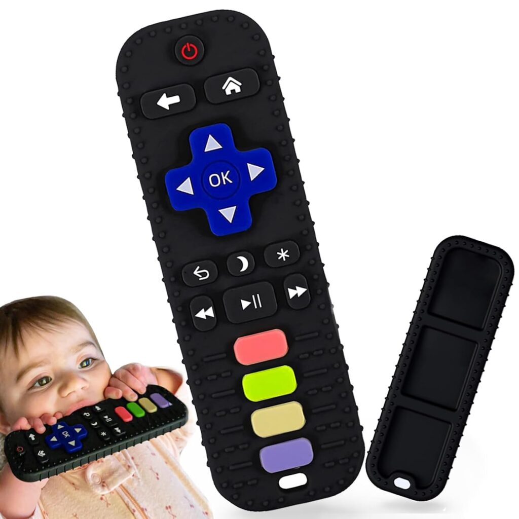 Baby Teething Toys, Silicone Teethers Toys for Babies 0-24 Months, Remote Control Shape Baby Teethers Chew Toys, BPA Free Freezable Relief Molars Gums Pain (Black)
