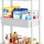 Pipishell 3 Tier Rolling Cart Organizer, Plastic Rolling Cart with Lockable Wheels & Reinforced Handle, Lightweight Utility Cart Storage Cart for Nursery, Kitchen, Bathroom, Craft Room, White, PIUC14W