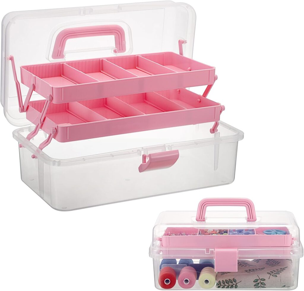 BTSKY 3-Layer Clear Plastic Dividing Storage Box Craft Organizer and Storage with Adjustable Spacers Portable Handled Art Supply Organizer Multipurpose Home Utility Box Sewing Organizers (Pink)