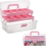 BTSKY 3-Layer Clear Plastic Dividing Storage Box Craft Organizer and Storage with Adjustable Spacers Portable Handled Art Supply Organizer Multipurpose Home Utility Box Sewing Organizers (Pink)